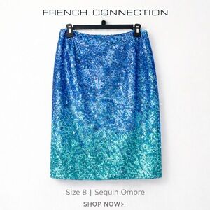 French Connection Blue Aqua Ombre Sequin Skirt Size 8 Party Holiday